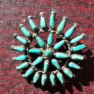 Vintage Turquoise Silver Wheel Brooch